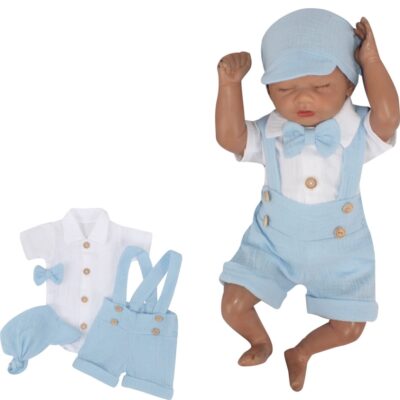 Mušelínové kraťasy s láclom, bodýčko, čiapočka, motýlik 4D sada, Z&Z, modrá/biela, veľ. 86