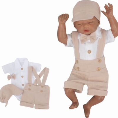 Mušelínové kraťasy s láclom, bodýčko, čiapočka, motýlik 4D sada, Z&Z,piesková/biela,veľ.62