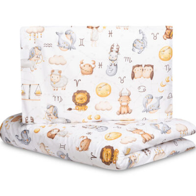 Mušelínové obliečky do postieľky 135x100, Hviezdne zvieratká - šedá, biela
