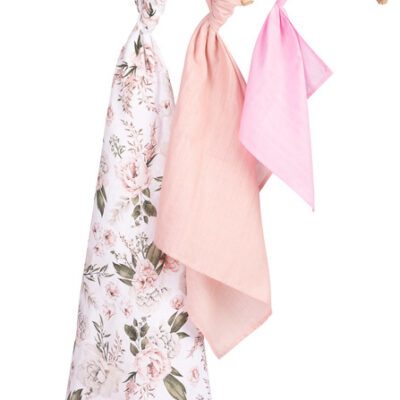 Mušelínové plienky 3 ks - sada rôznych veľkostí - Kvety ružové