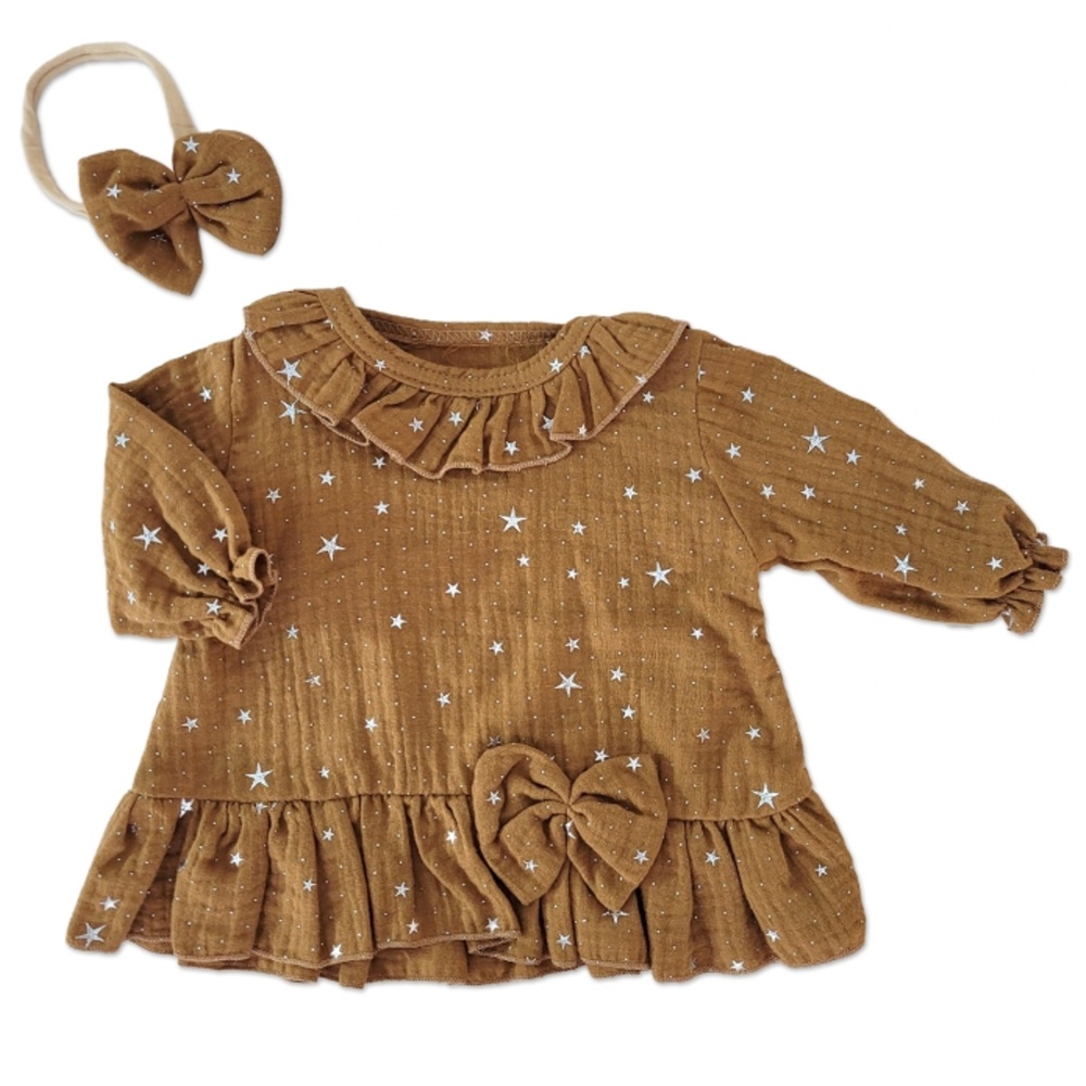 Mušelínové šatôčky s hviezdičkami + čelenka Z&Z, škoricová, veľ.68