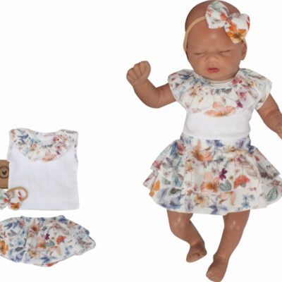 Mušelínové tilko, kraťasy so sukničkou + čelenka, 3D sada, Kvety Z&Z, biela, veľ. 92