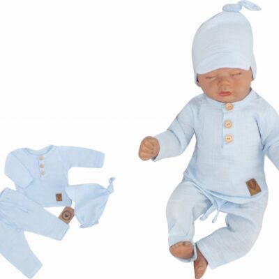 Mušelínové tričko dl. rukáv, nohavice + šatka uzlík, 3D sada, Z&Z, modrá