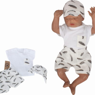 Mušelínové tričko, kraťasy + šatka, 3D sada, Pierka Z&Z, biela/smotana