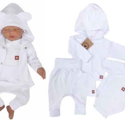 Novorodenecká sada 4D, body kr. rukáv, tepláčiky, kabátik a čiapočka Z&Z, biela