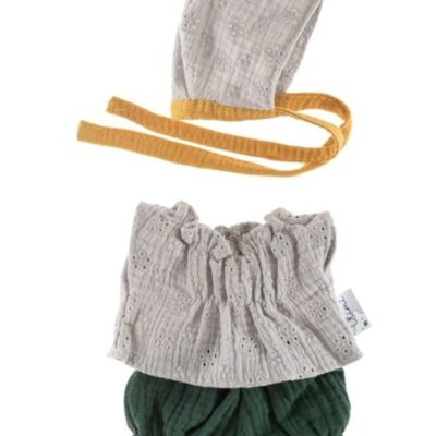 Oblečky pre bábiky 32 cm, tunika, kraťasky a čiapočka, zelená/sivá