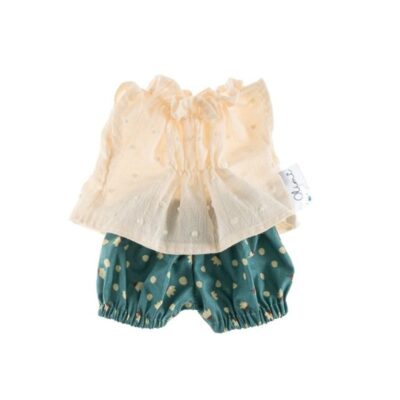 Oblečky pre bábiky, tunika a kraťasky, Bodky - ecru/zelená