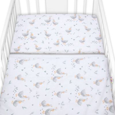 Obliečky do postieľky, bavlna, 2D sada, Husi, biele, 135x100 cm