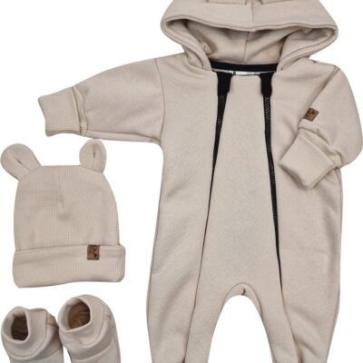 Oteplený detský overal bez šľapiek s kapucňou, čiapočka + topánočky, 3D, Kazum, béžový