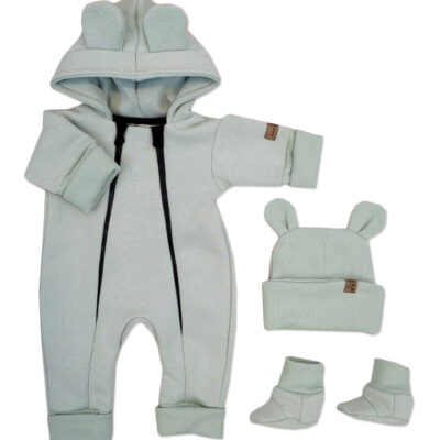 Oteplený detský overal bez šľapiek s kapucňou, čiapočka + topánočky, 3D, Kazum, mätový