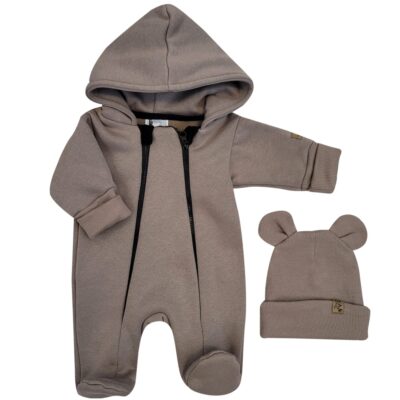 Oteplený detský overal so šľapkami a kapucňou + čiapočka, 2D, hnedá