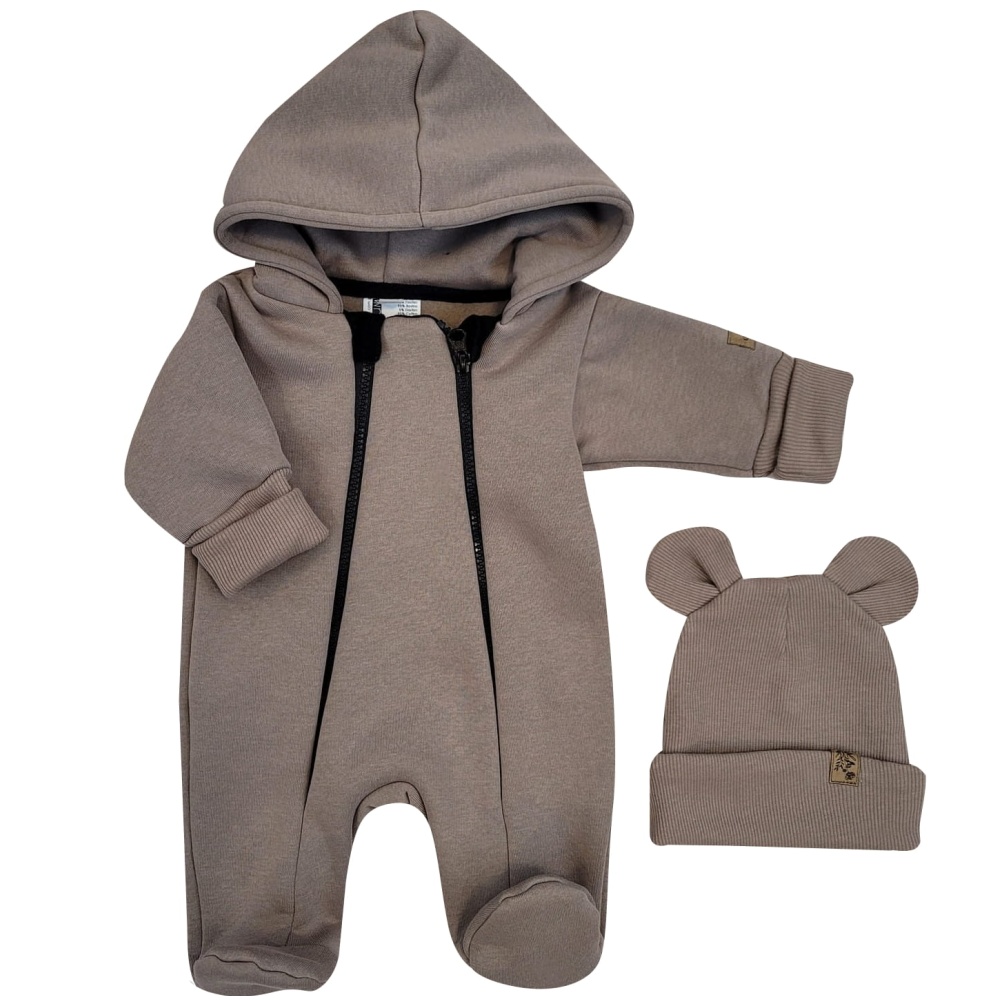 Oteplený detský overal so šľapkami a kapucňou + čiapočka, 2D, hnedá, veľ. 68