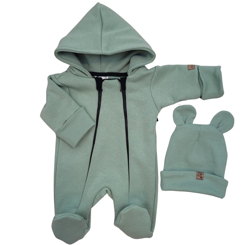 Oteplený detský overal so šľapkami a kapucňou + čiapočka, 2D, zelená, 62