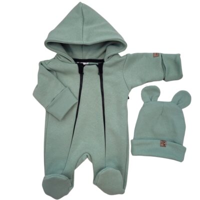 Oteplený detský overal so šľapkami a kapucňou + čiapočka, 2D, zelená, 74