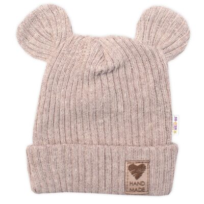 Pletená bavlněná čiapka s uškami, dvojvrstvová, Hand Made Baby Nellys, béžová, veľ. 68/74