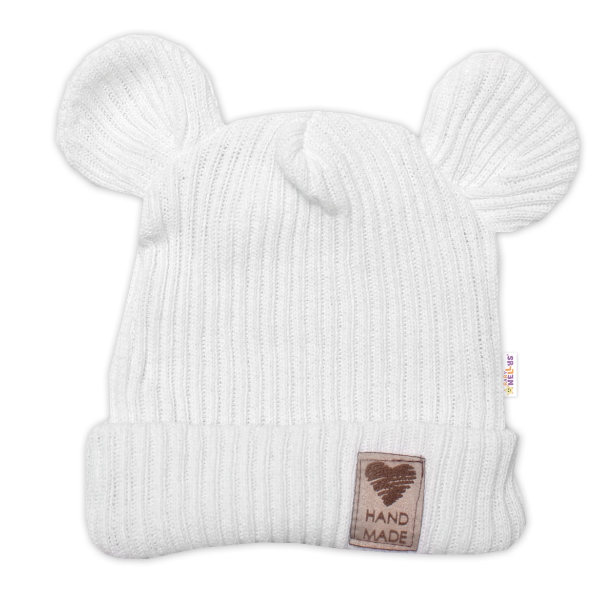 Pletená bavlněná čiapka s uškami, dvojvrstvová, Hand Made Baby Nellys, biela