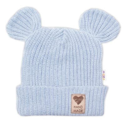 Pletená bavlněná čiapka s uškami, dvojvrstvová, Hand Made Baby Nellys, modrá, veľ. 80/86