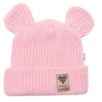 Pletená bavlněná čiapka s uškami, dvojvrstvová, Hand Made Baby Nellys, ružová, veľ. 68/74