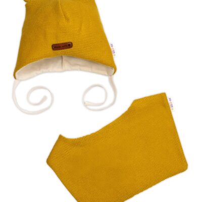 Pletená čiapka s bavlnenou podšívkou a šatkou 2v1, Teddy Hand made - horčicová