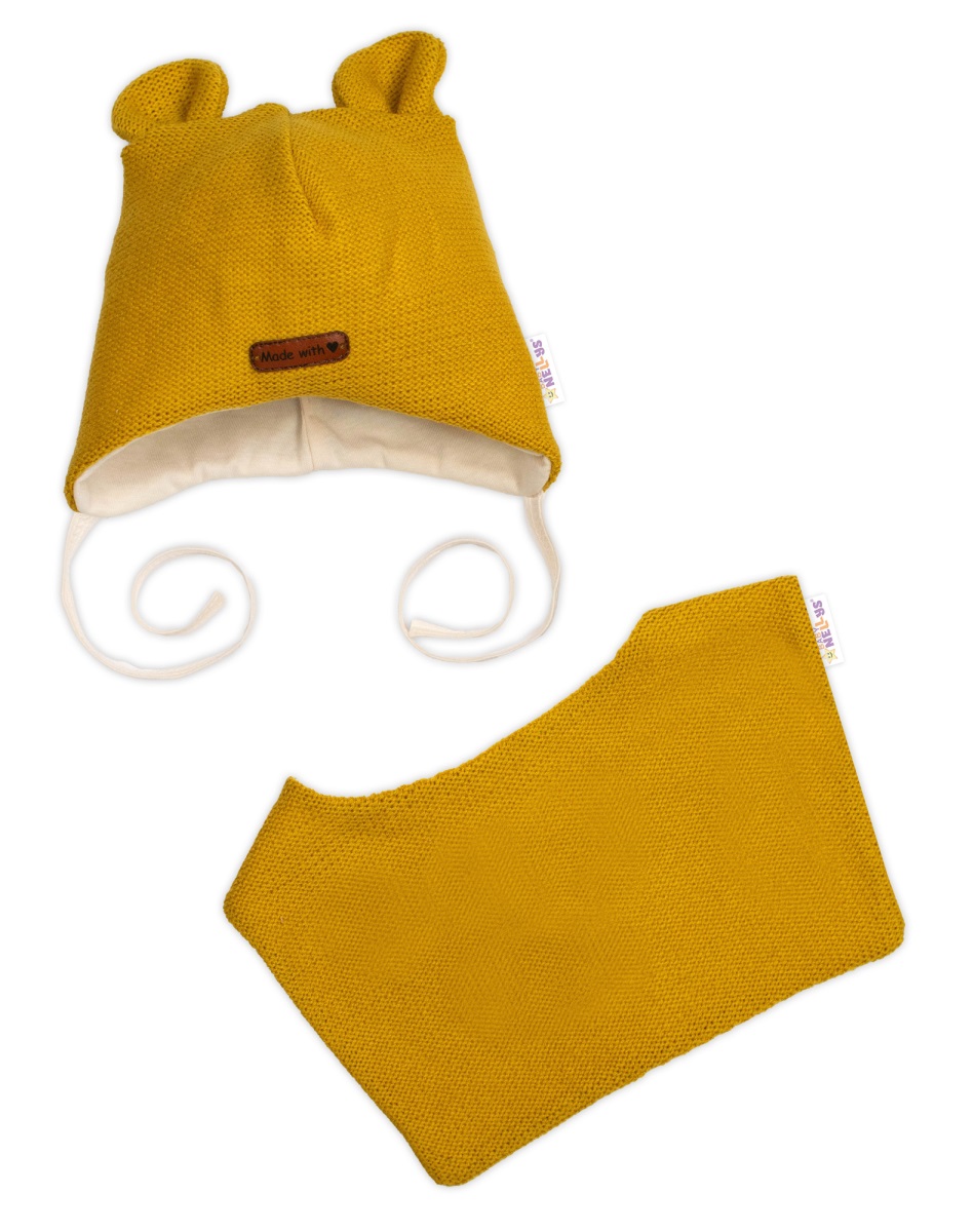 Pletená čiapka s bavlnenou podšívkou a šatkou 2v1, Teddy Hand made - horčicová