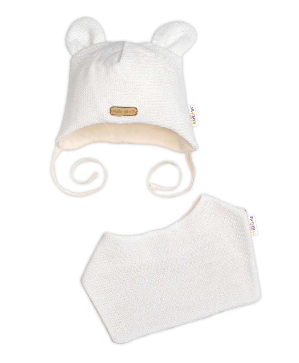 Pletená čiapka s bavlnenou podšívkou a šatkou 2v1, Teddy Hand made - kokosová biela, 68/74