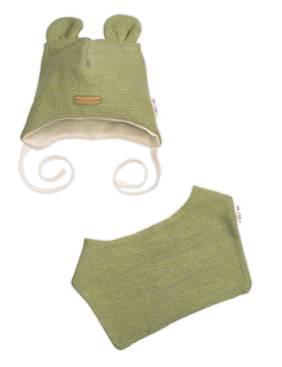Pletená čiapka s bavlnenou podšívkou a šatkou 2v1, Teddy Hand made - oliva, 68/74