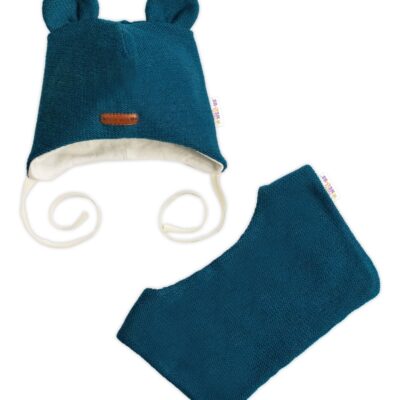 Pletená čiapka s bavlnenou podšívkou a šatkou 2v1, Teddy Hand made - petrolejová, 68/74
