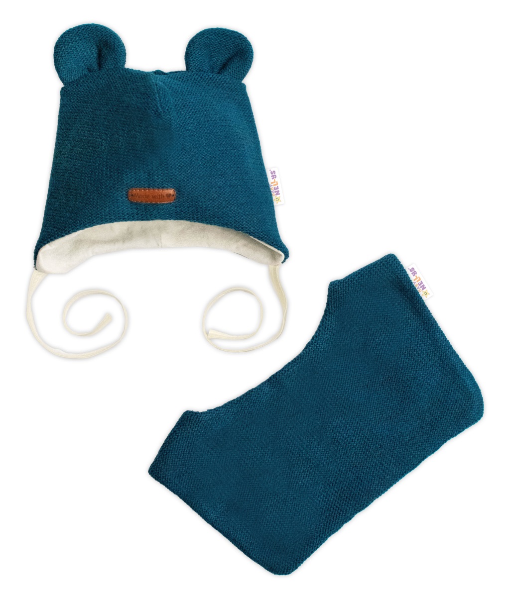 Pletená čiapka s bavlnenou podšívkou a šatkou 2v1, Teddy Hand made - petrolejová, 80/86