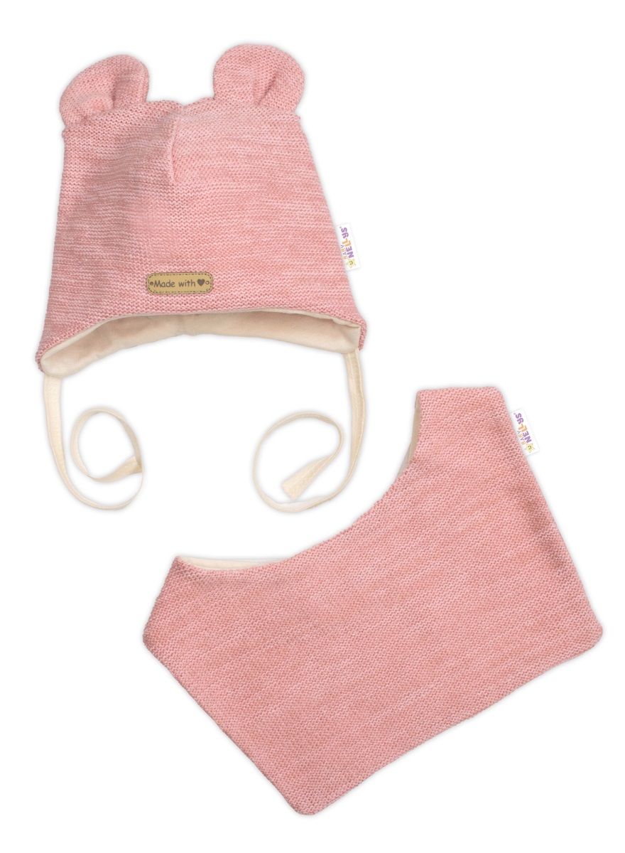 Pletená čiapka s bavlnenou podšívkou a šatkou 2v1, Teddy Hand made - rúžová, 68/74