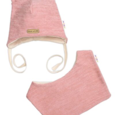 Pletená čiapka s bavlnenou podšívkou a šatkou 2v1, Teddy Hand made - rúžová - rúžová