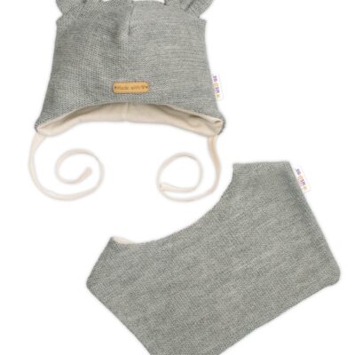 Pletená čiapka s bavlnenou podšívkou a šatkou 2v1, Teddy Hand made - šedá