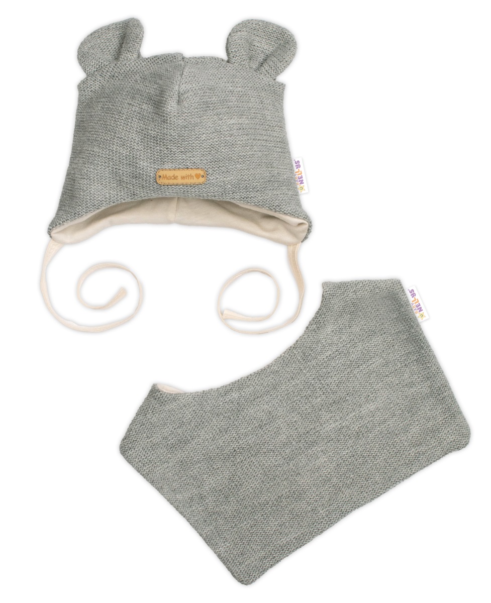 Pletená čiapka s bavlnenou podšívkou a šatkou 2v1, Teddy Hand made - šedá, 68/74