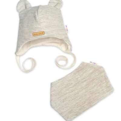 Pletená čiapka s bavlnenou podšívkou a šatkou 2v1, Teddy Hand made - svetlo béžová, 68/74