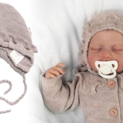Pletená čiapočka na zaväzovanie bonetka Girl, Hand Made Baby Nellys, bežová, veľ. 68/74