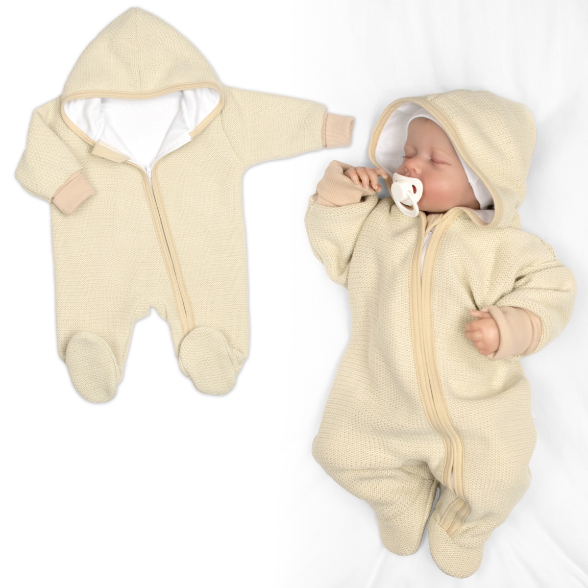 Pletený overal s kapucňou, CUTE - béžová, veľ. 62