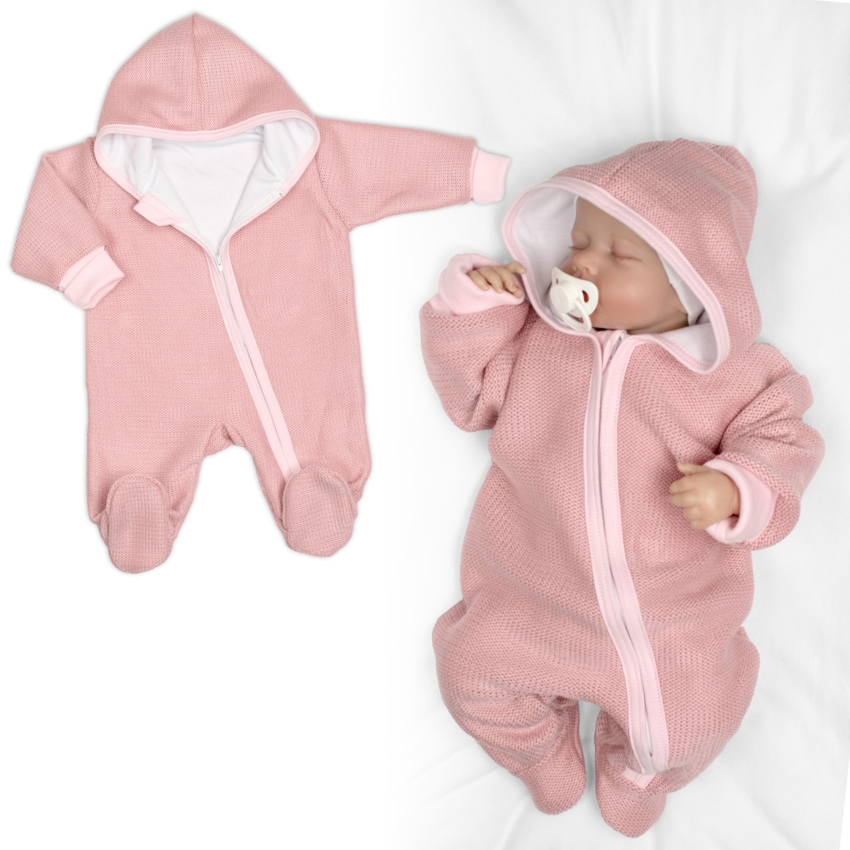 Pletený overal s kapucňou, CUTE - púdrovo růžová