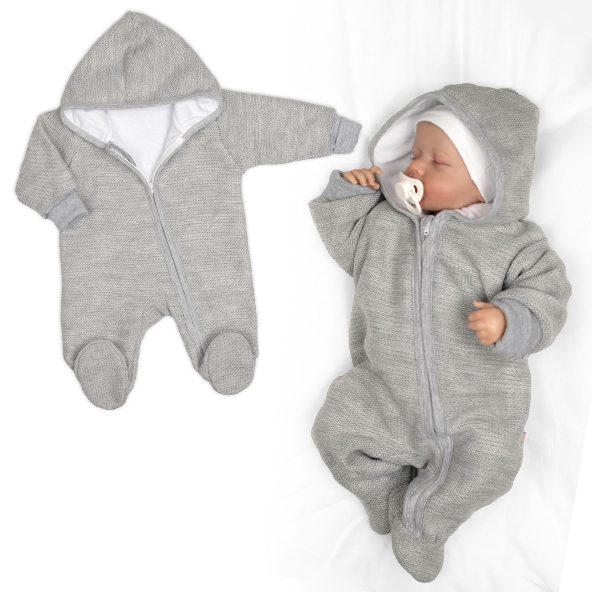 Pletený overal s kapucňou, CUTE - sivá, veľ. 74