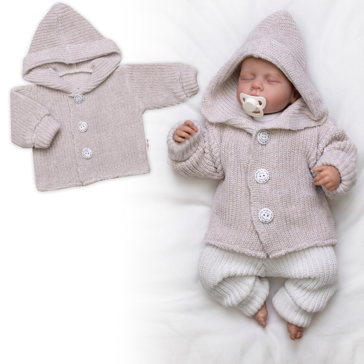 Pletený svetrík s kapucňou a gombíkmi Made with Love, béžový melírok, veľ. 68/74