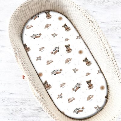 Prestieradlo do kočíka, koša, bavlna, Méďa pilot - biela, béžová