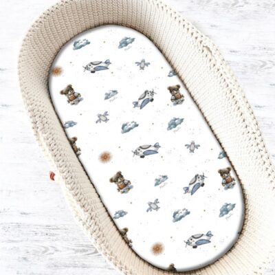 Prestieradlo do kočíka, koša, bavlna, Méďa pilot - biela, modrá