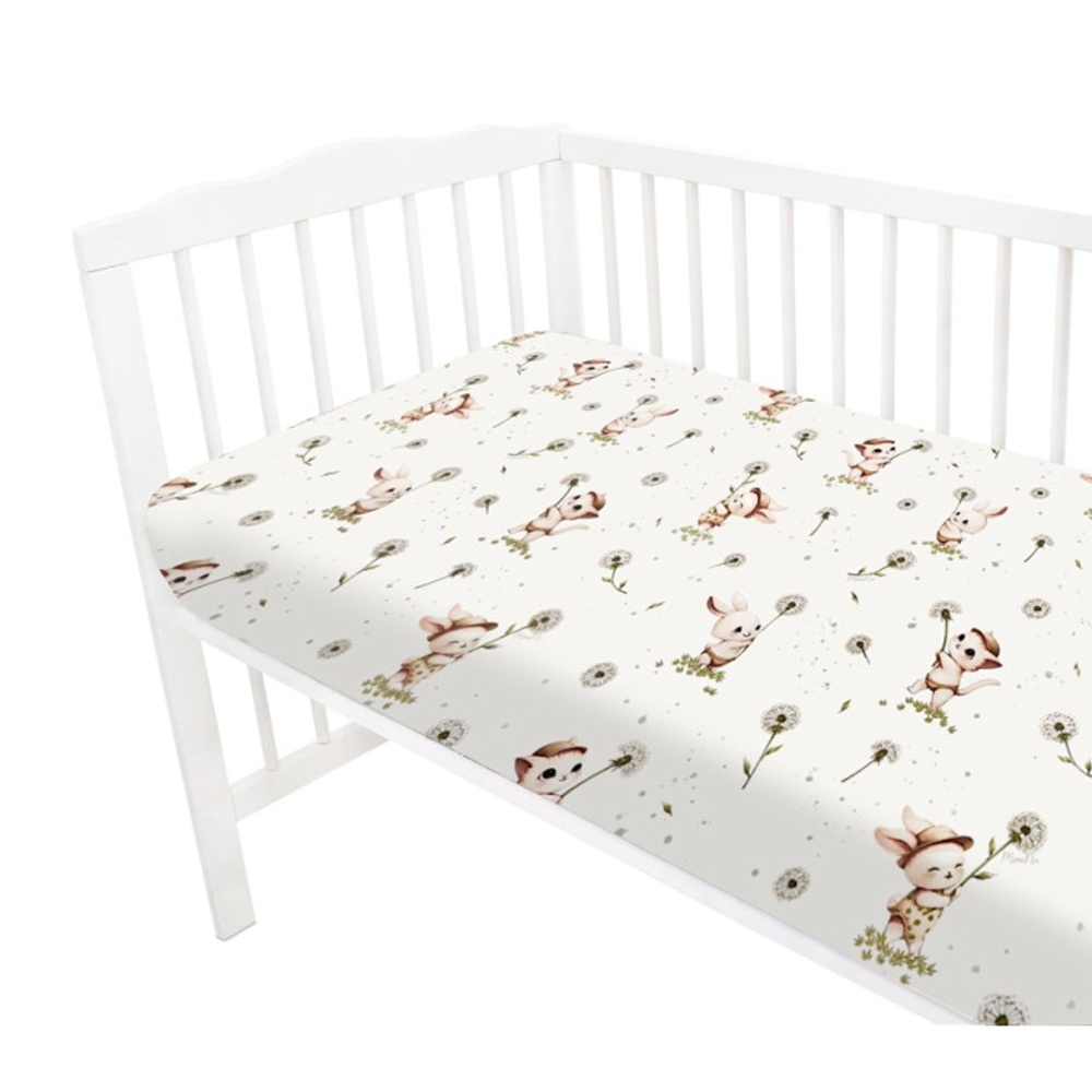 Prestieradlo do postieľky 140x70cm, bavlna, Kocúrik a púpava - biela