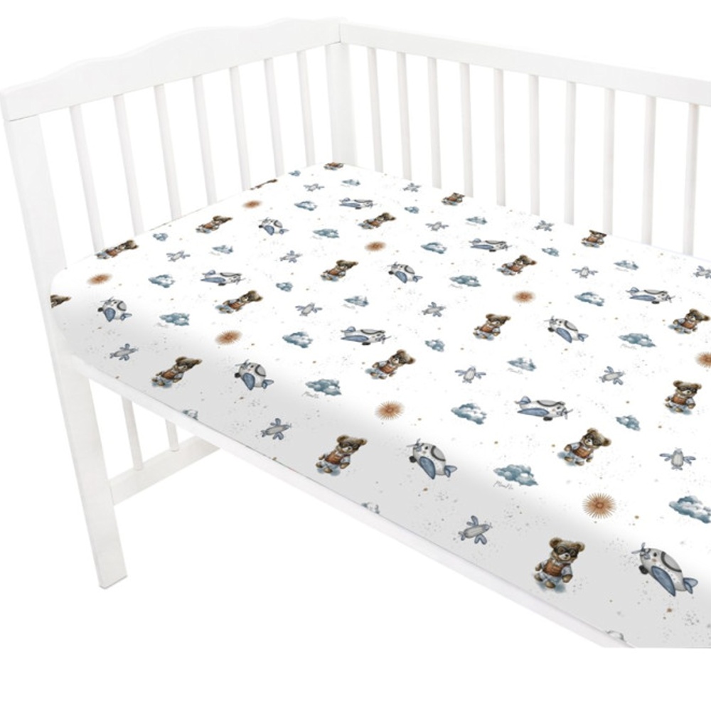 Prestieradlo do postieľky 140x70cm, bavlna, Méďa pilot - biela, modrá