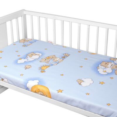Prestieradlo do postieľky 140x70cm, bavlna, Premium, Medvedík na rebríku, modré