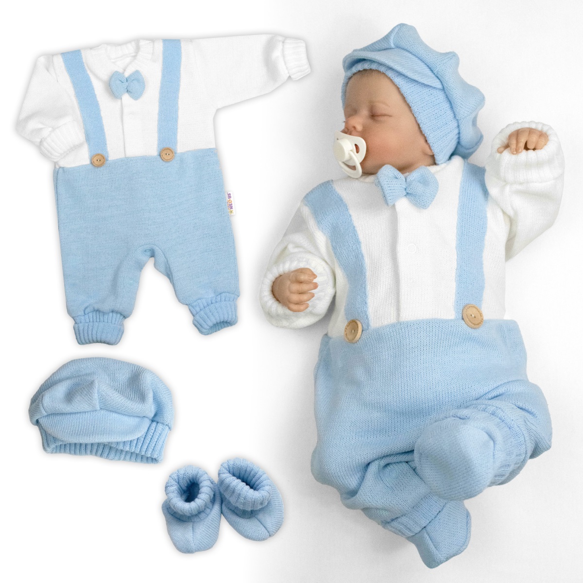 Rastúci pletený overálok 3D Hand Made malý Elegan - sv. modrý, biela, 68/74