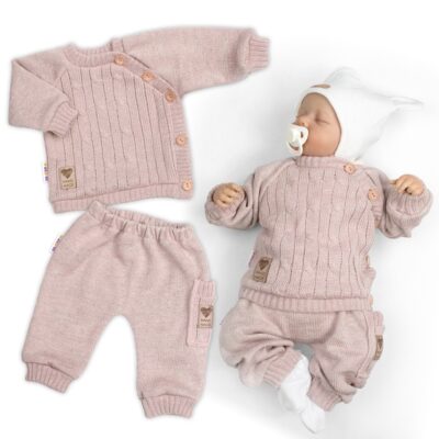 Rastúci pletený svetrík a nohavice s vreckom Hand Made 2D, Nature - púdrovo ružová, 68/74