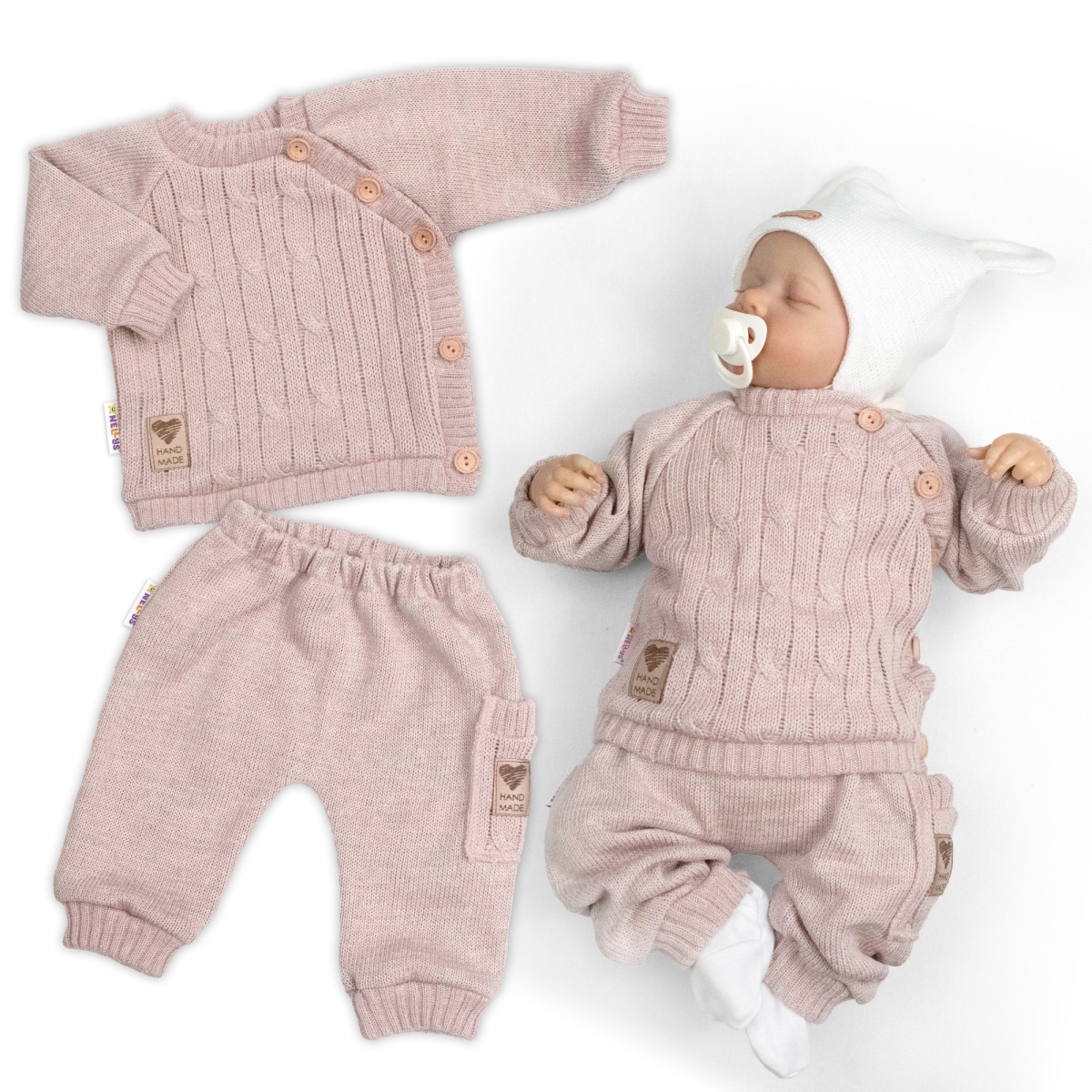 Rastúci pletený svetrík a nohavice s vreckom Hand Made 2D, Nature - púdrovo ružová, 68/74