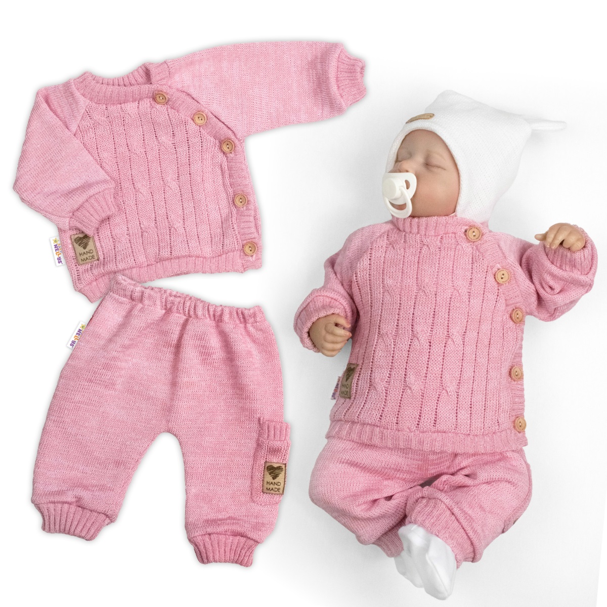 Rastúci pletený svetrík a nohavice s vreckom Hand Made 2D, Nature - ružová, 68/74