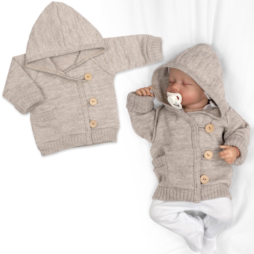 Rastúci pletený svetrík s kapucňou, zapínanie gombíkmi - béžový