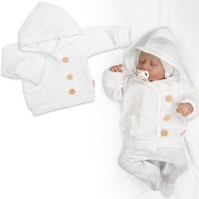 Rastúci pletený svetrík s kapucňou, zapínanie gombíkmi - biely, veľ. 68/74