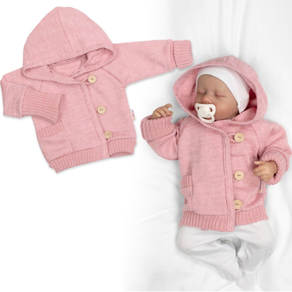 Rastúci pletený svetrík s kapucňou, zapínanie gombíkmi - púdr. růžový, veľ. 68/74